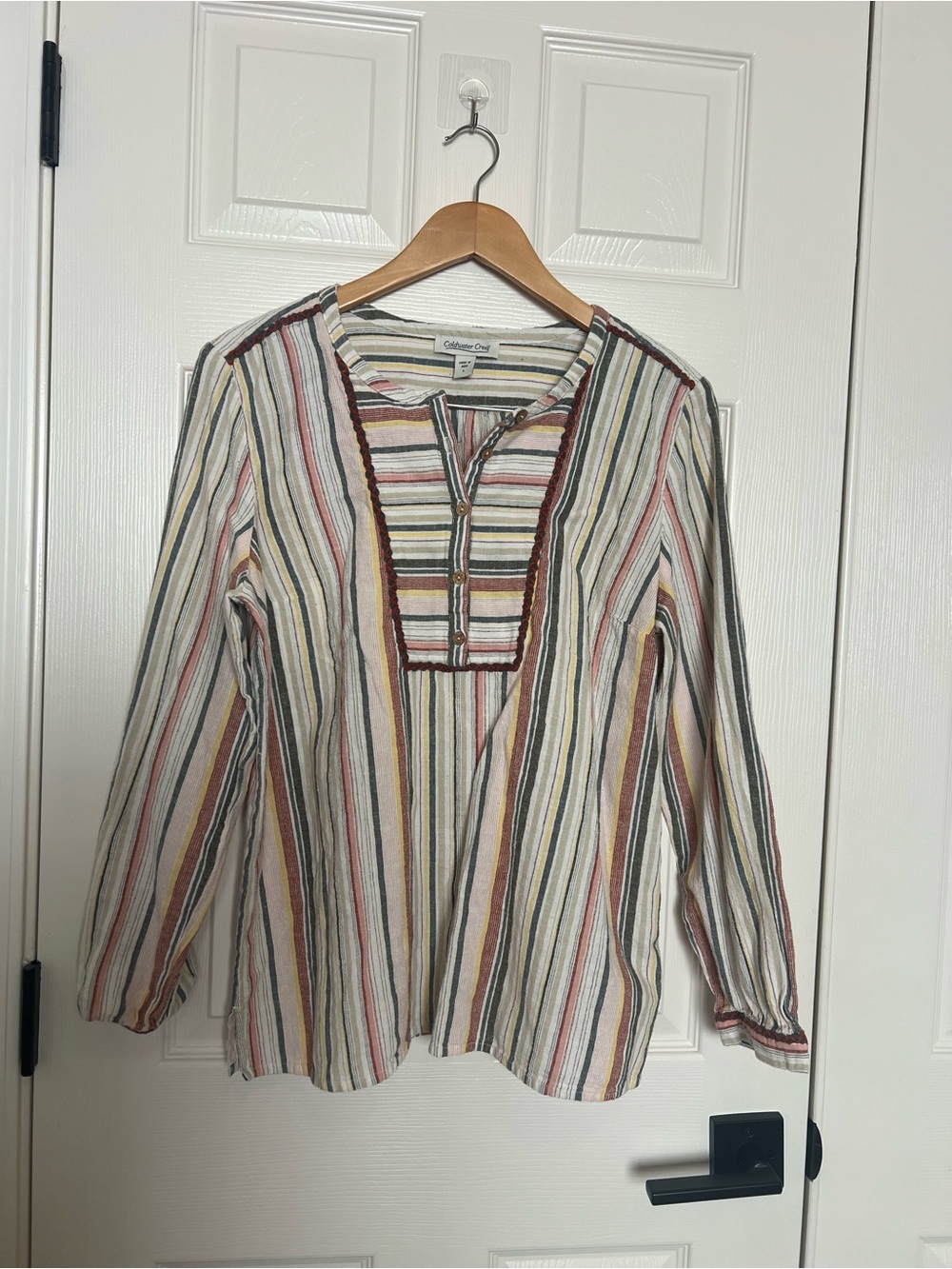 Caribbean Joe Cotton-Linen Blend Multicolor Striped Long-Sleeve Henley Top Sz L